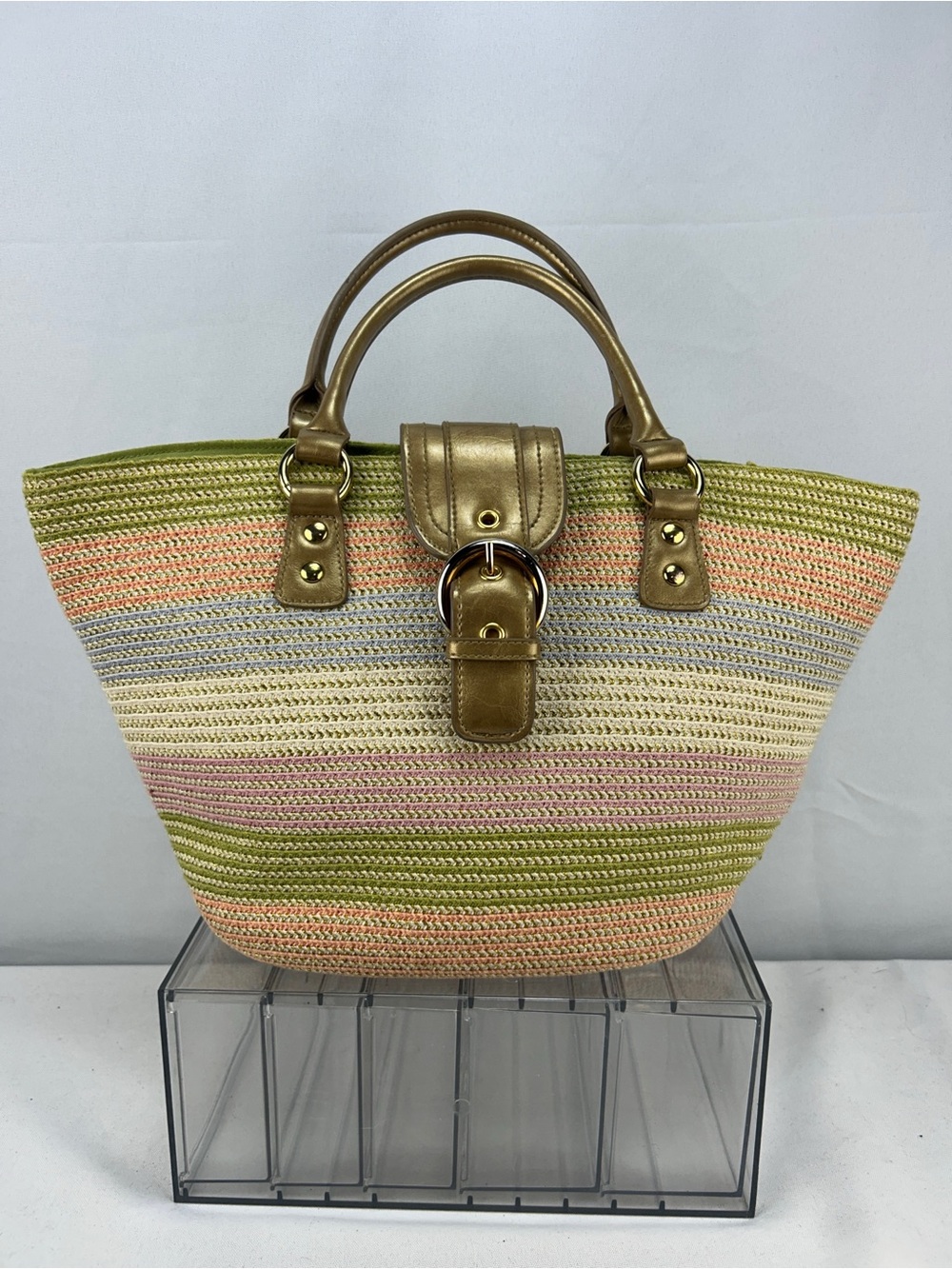 Amanda Smith Gold-Trim Pastel Striped Straw Satchel